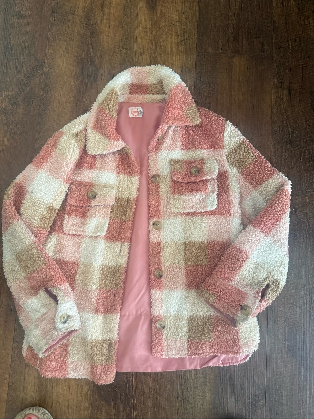 wonder nation Pink Cream Plaid Sherpa Button Jacket